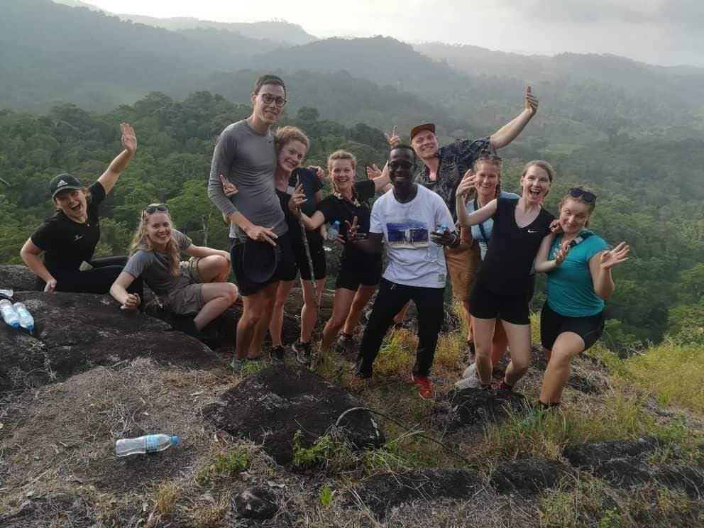 The Trust Tours team celebrating with a group of climbers on a forest viewpoint