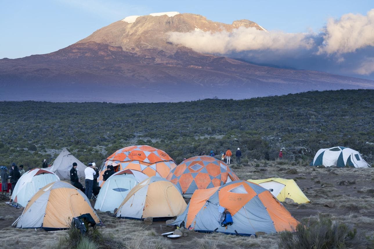 Tents on the Shira Plateau with Kibo behind