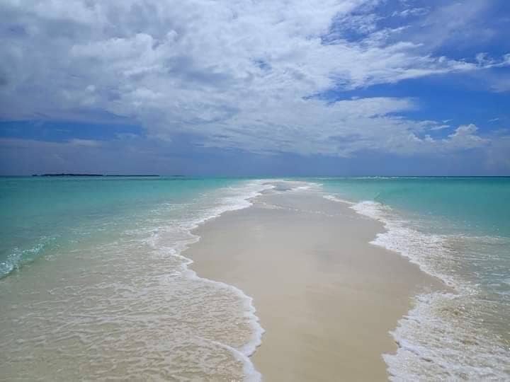 A white sandbar curving through the turquoise shallows off Zanzibar
